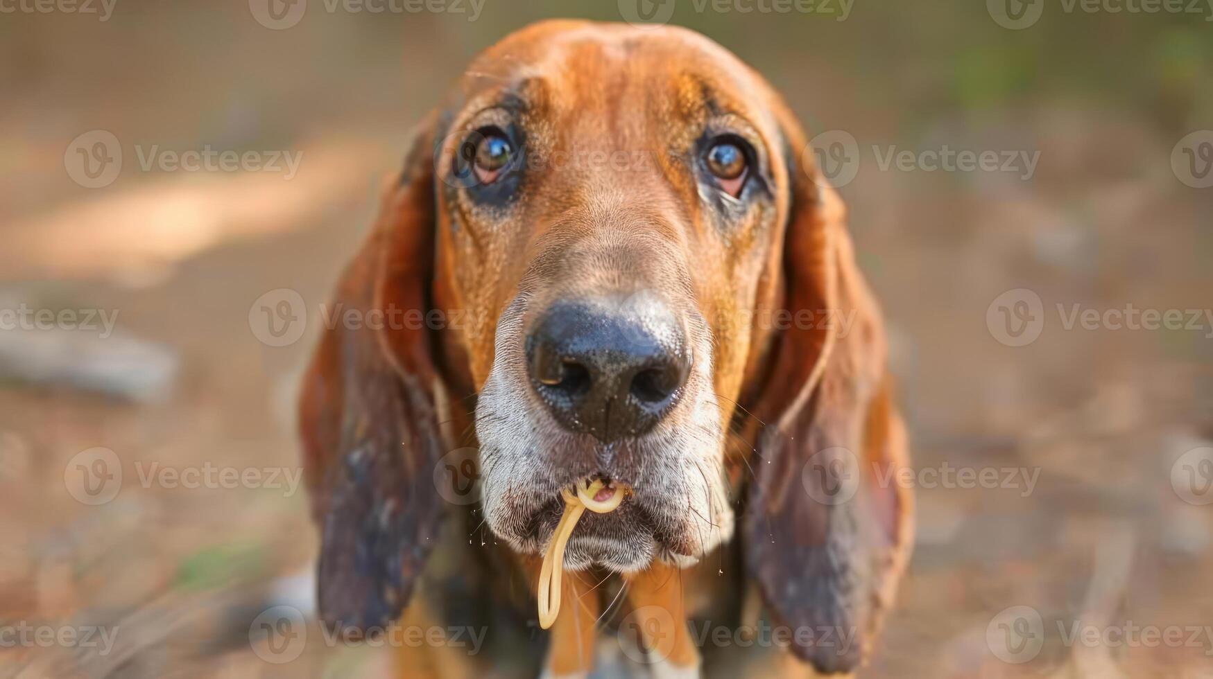 Close-up of a hound dog with a playful expression, set against a blurred natural background photo