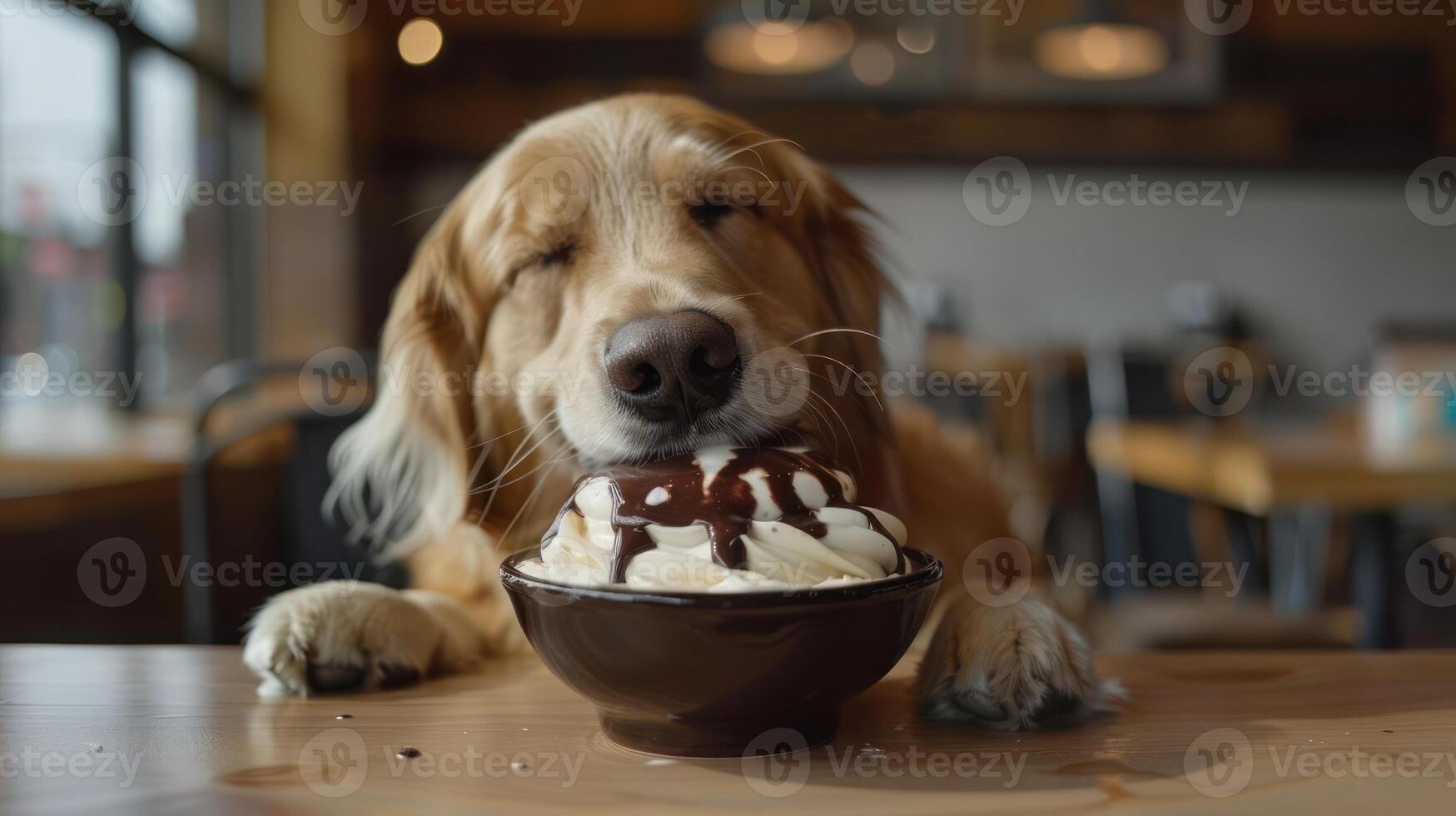 Golden retriever joyfully enjoying a large ice cream sundae in a cozy cafe setting photo