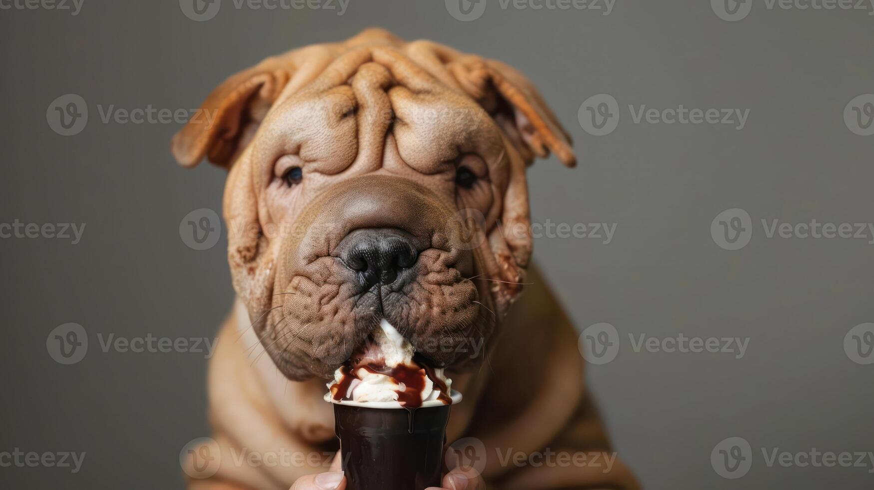 A playful Shar Pei dog enjoying a delicious ice cream cone against a neutral backdrop photo