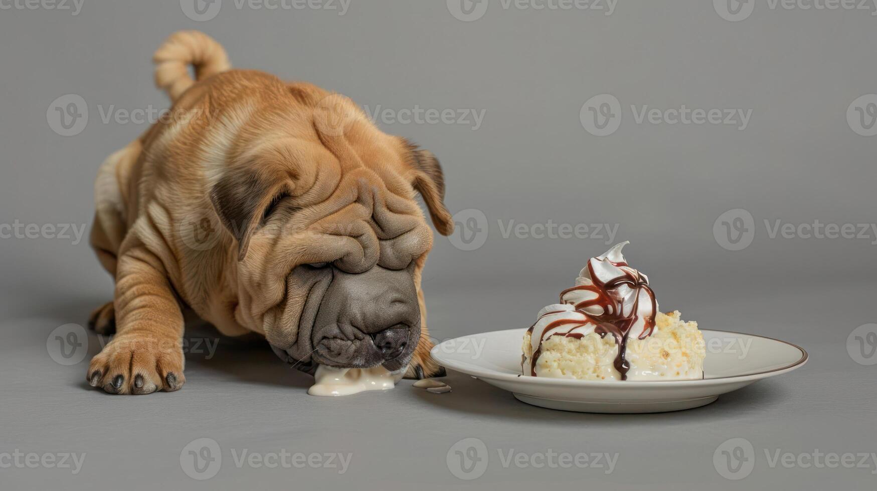 A playful Shar Pei dog eagerly enjoying a delicious dessert on a neutral gray background photo