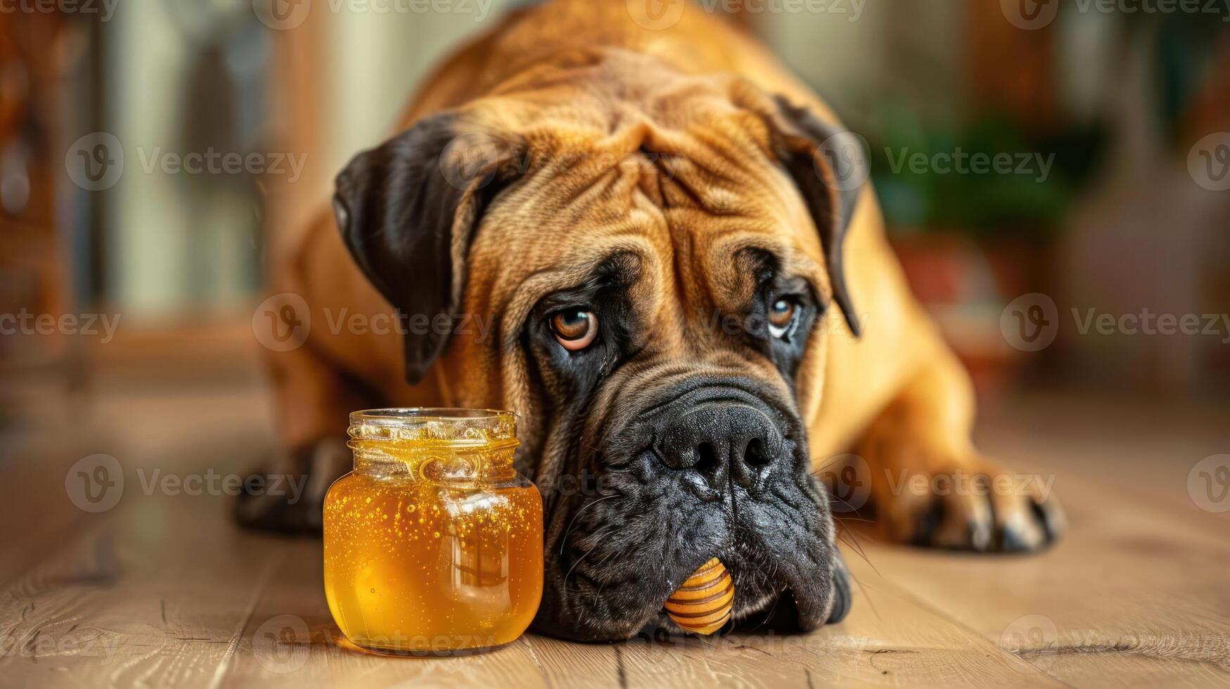 A large dog resting on a wooden floor beside a jar of honey, with a cozy indoor setting in the background photo