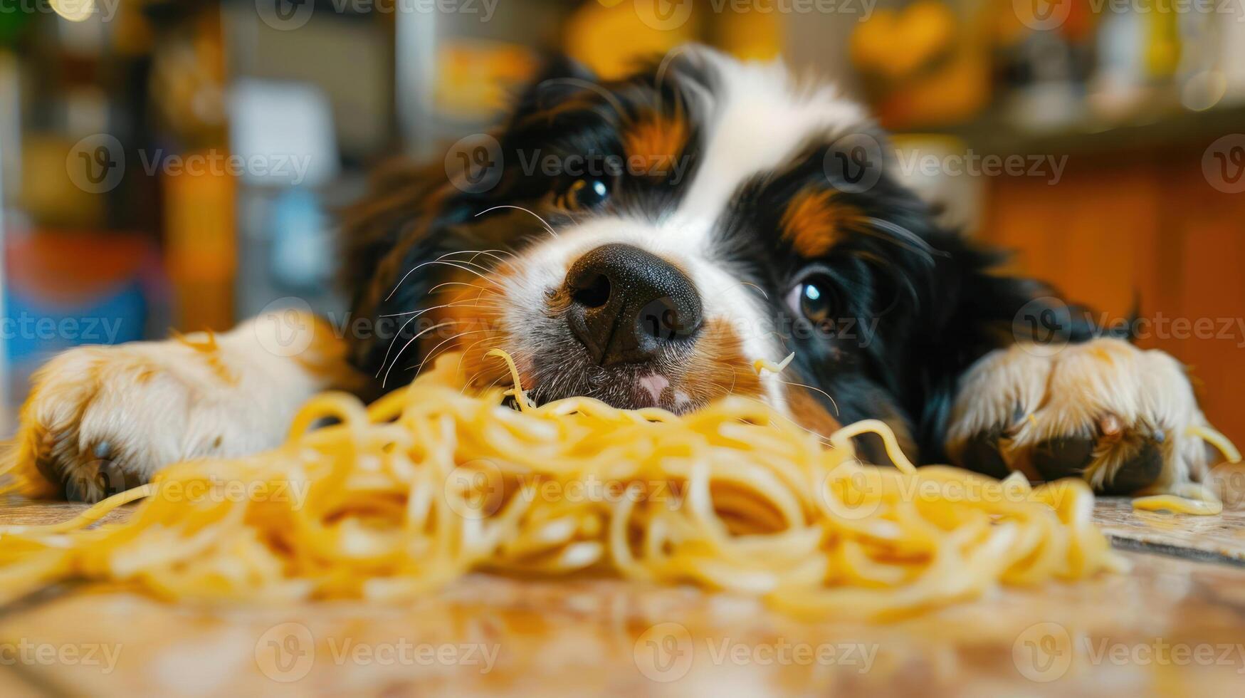 A curious dog lying on a kitchen floor, gazing at a pile of spaghetti with a playful expression photo