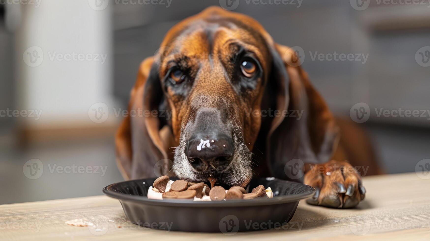 Dog enjoying a plate of treats in a modern kitchen setting with blurred background photo