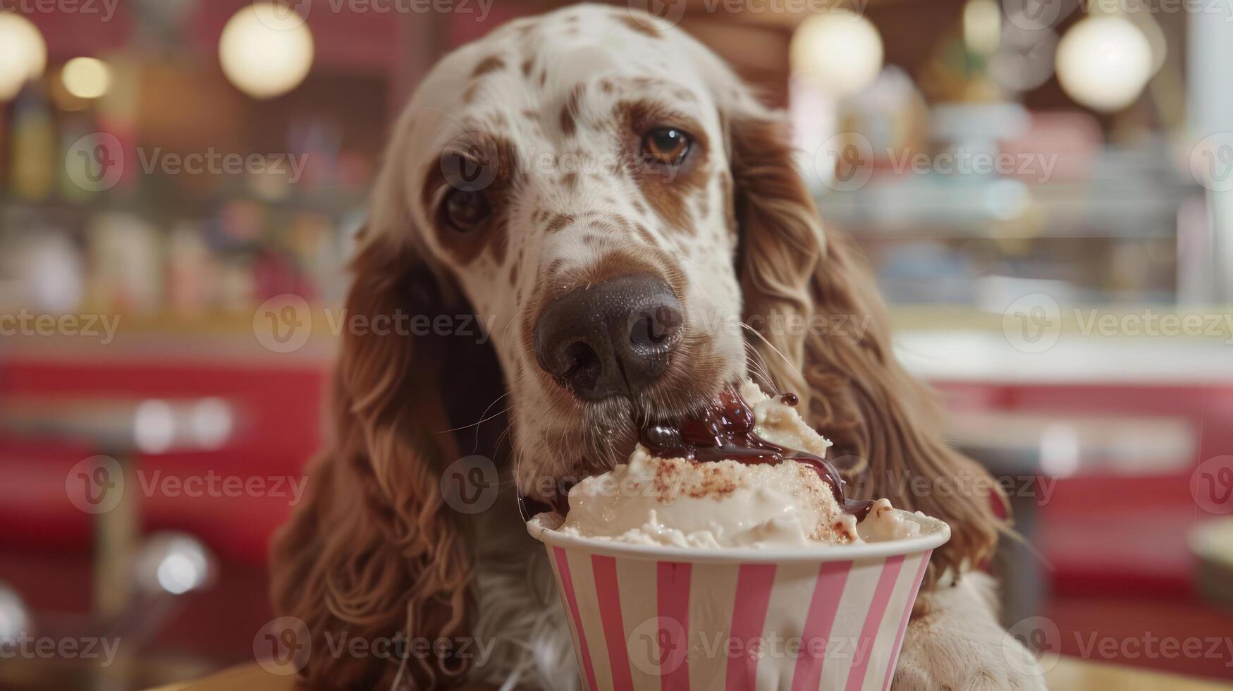 Playful dog enjoying a delicious ice cream sundae in a vibrant retro diner setting photo