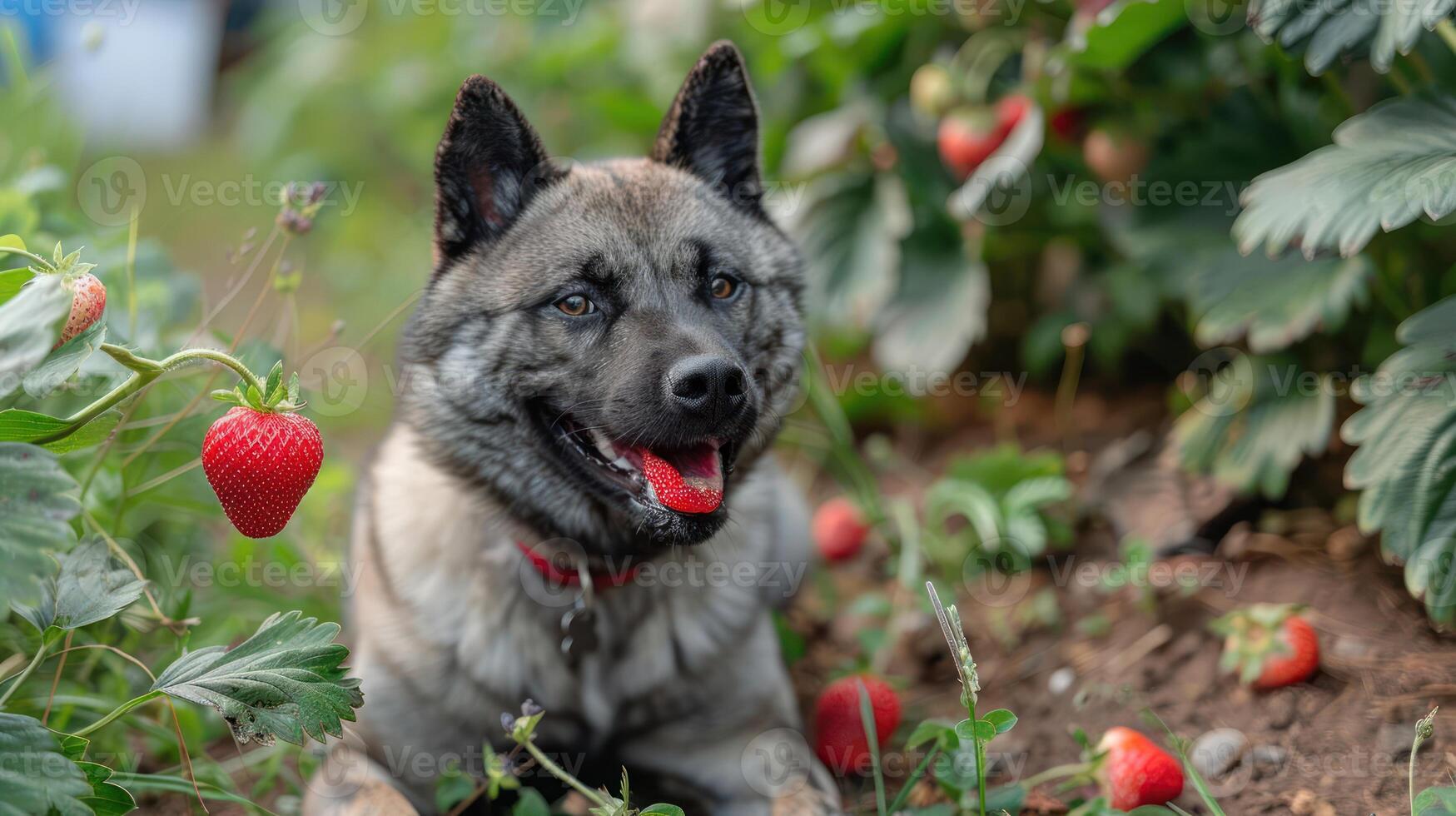 Dog sitting among ripe strawberries in a vibrant garden, enjoying a sunny day outdoors photo