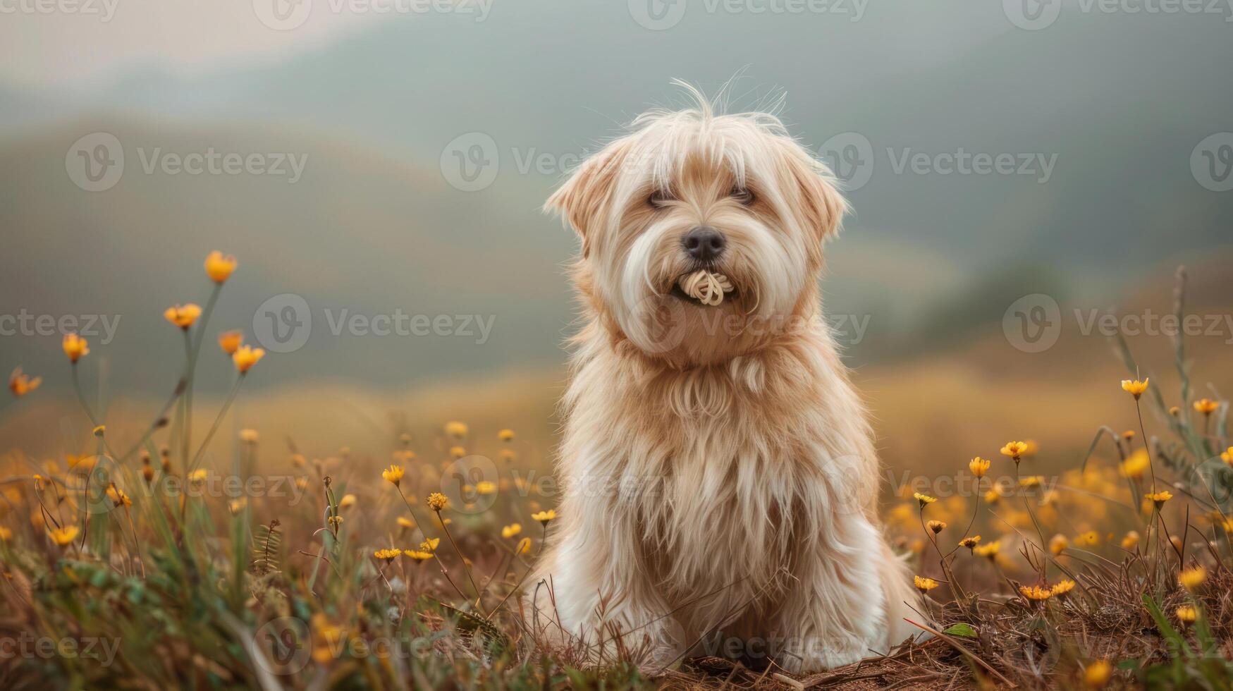A fluffy dog sitting in a field of wildflowers during a serene sunset, enjoying nature's beauty photo