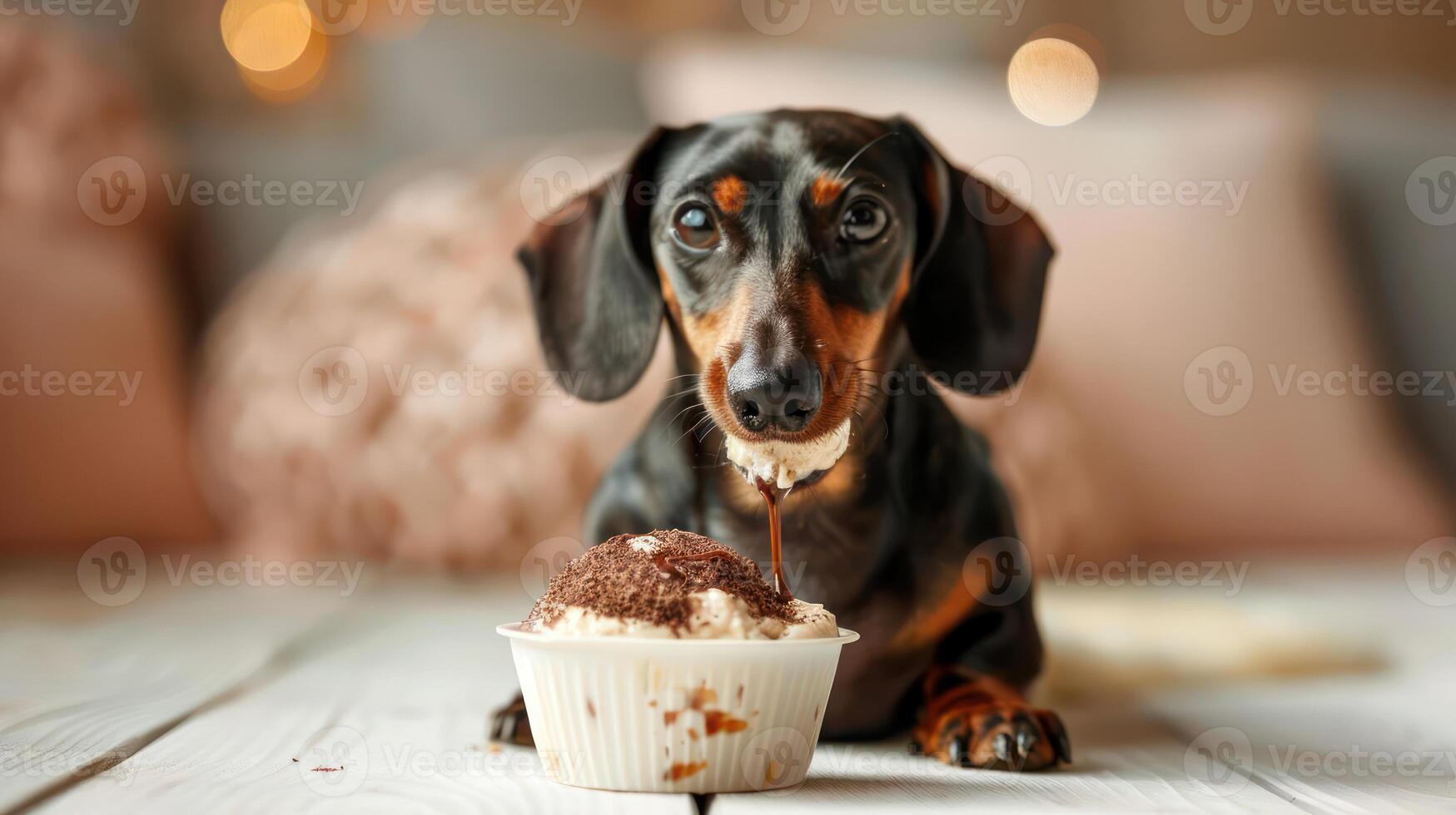 Playful dachshund enjoying a delicious ice cream treat in a cozy indoor setting with soft lighting photo