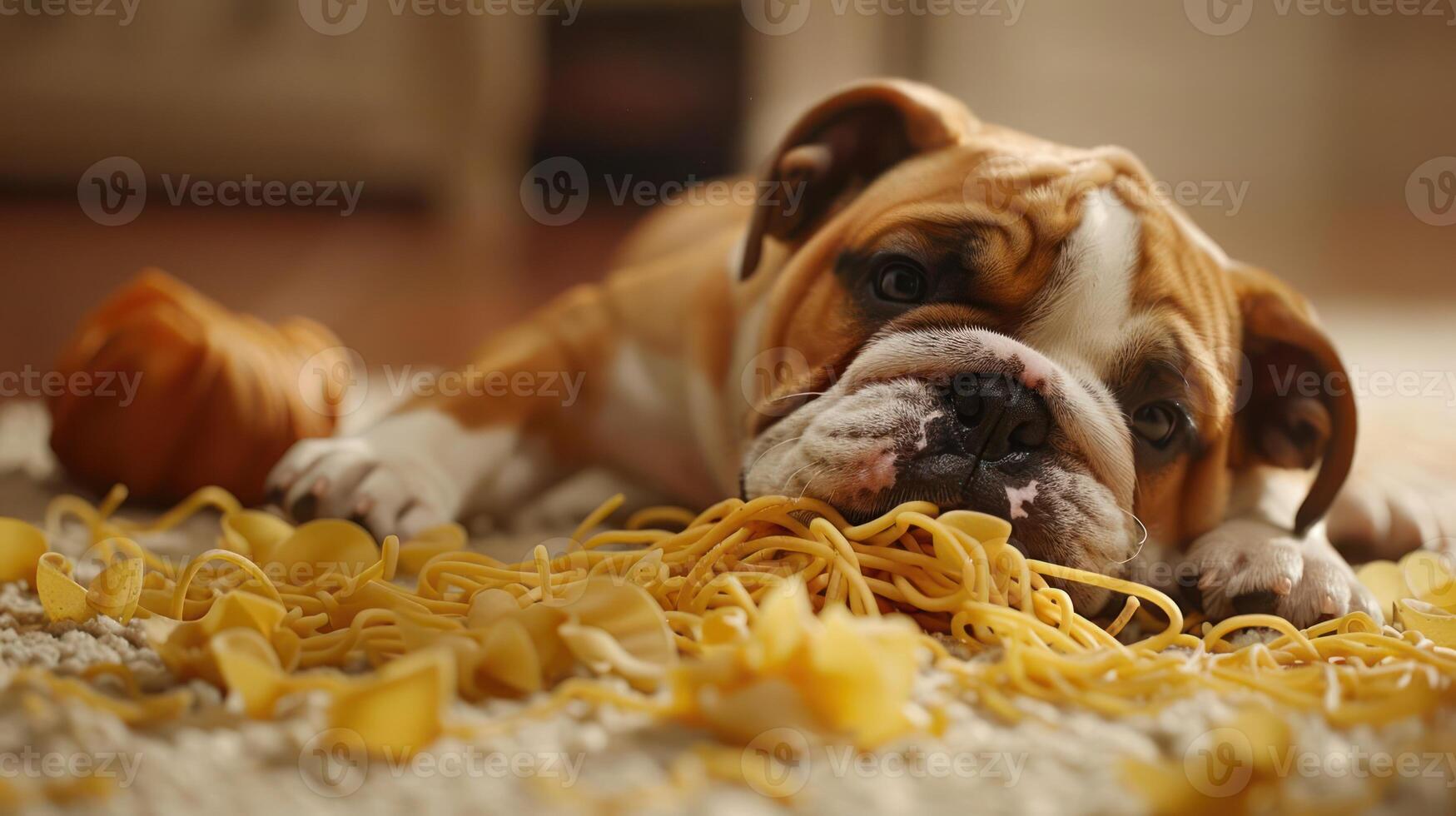 A playful bulldog lying on a carpet surrounded by scattered pasta, creating a humorous scene photo
