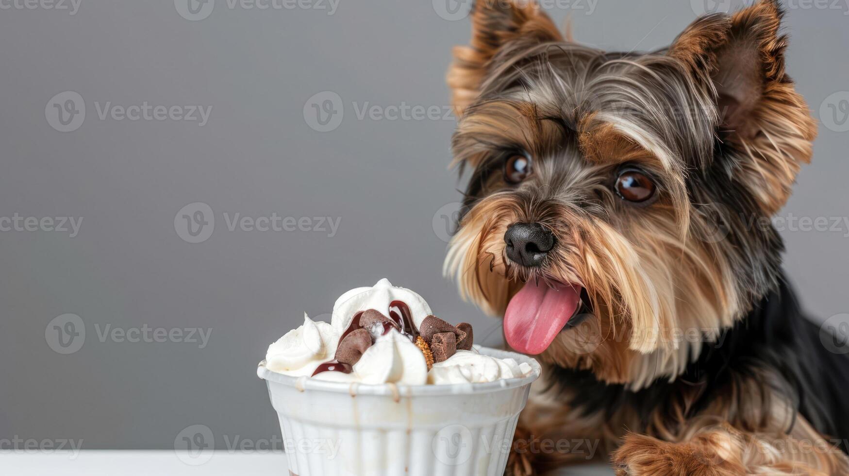 Playful Yorkshire Terrier Enjoying a Delicious Cupcake in a Minimalist Setting photo