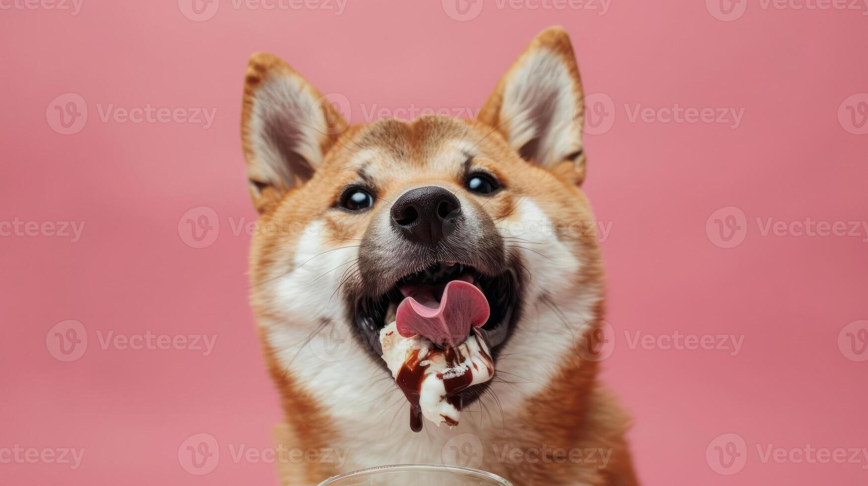 Happy Shiba Inu enjoying a delicious ice cream treat against a vibrant pink background photo