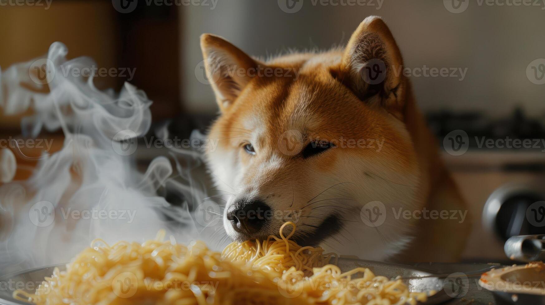 A curious Shiba Inu dog eagerly approaches a plate of steaming noodles in a cozy kitchen photo