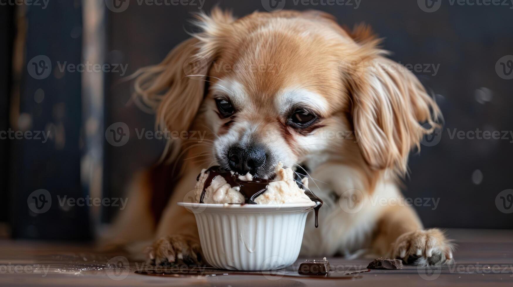 Playful dog enjoying a delicious ice cream dessert in a cozy indoor setting with chocolate drizzle photo