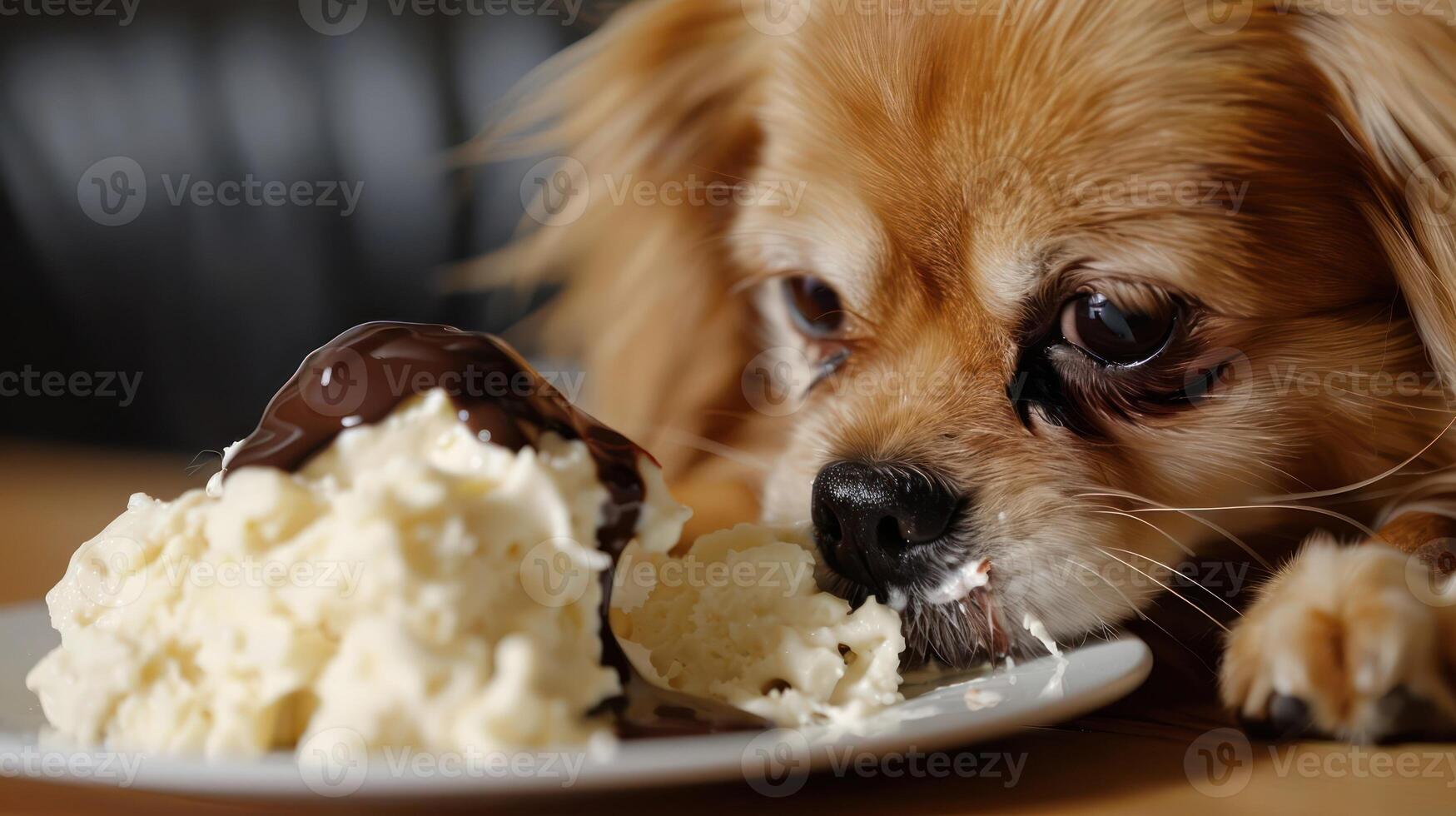 A curious dog eagerly eyeing a plate of creamy dessert topped with chocolate sauce photo