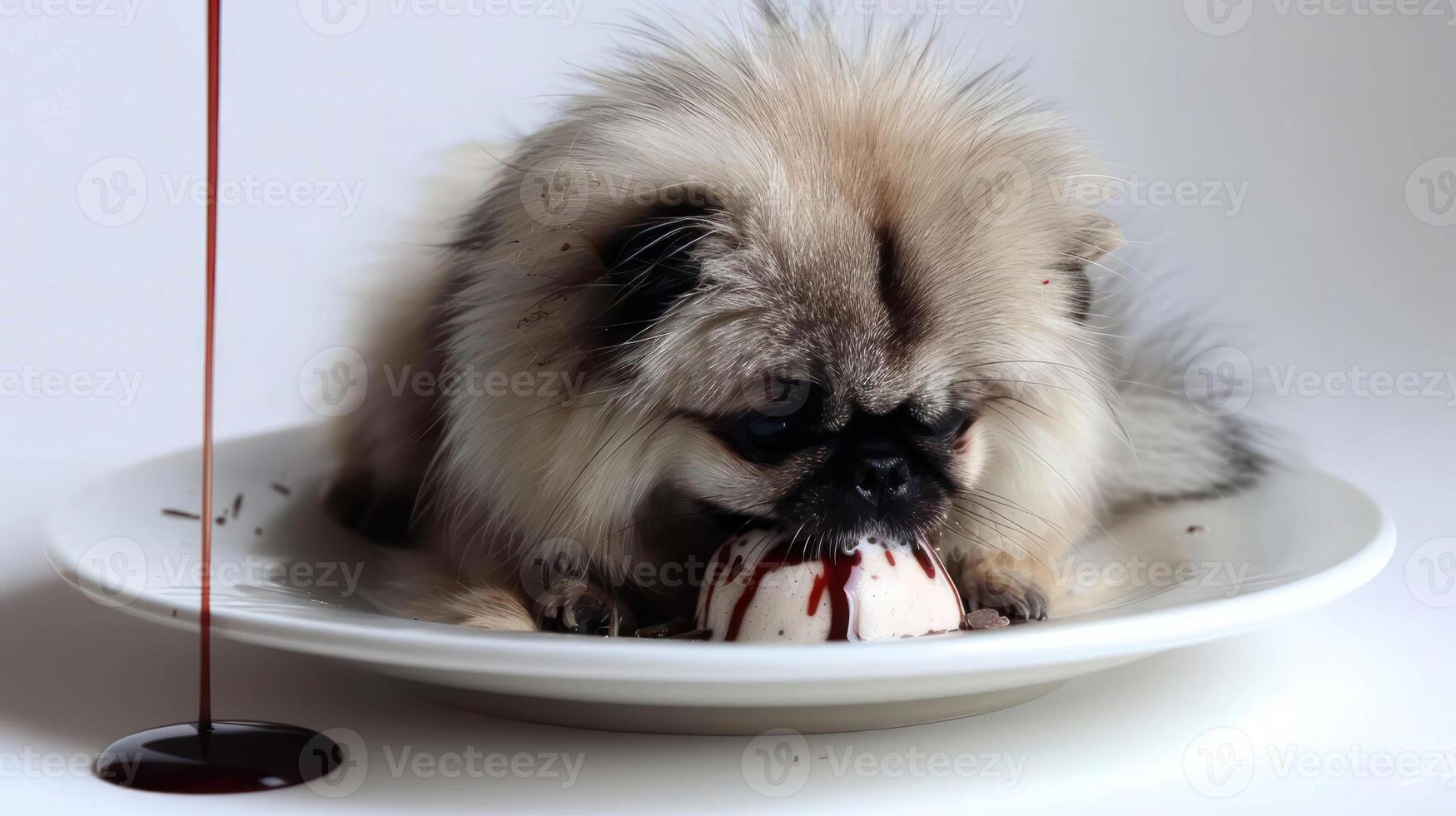 A fluffy Pomeranian puppy enjoying a dessert on a white plate with chocolate sauce dripping nearby photo