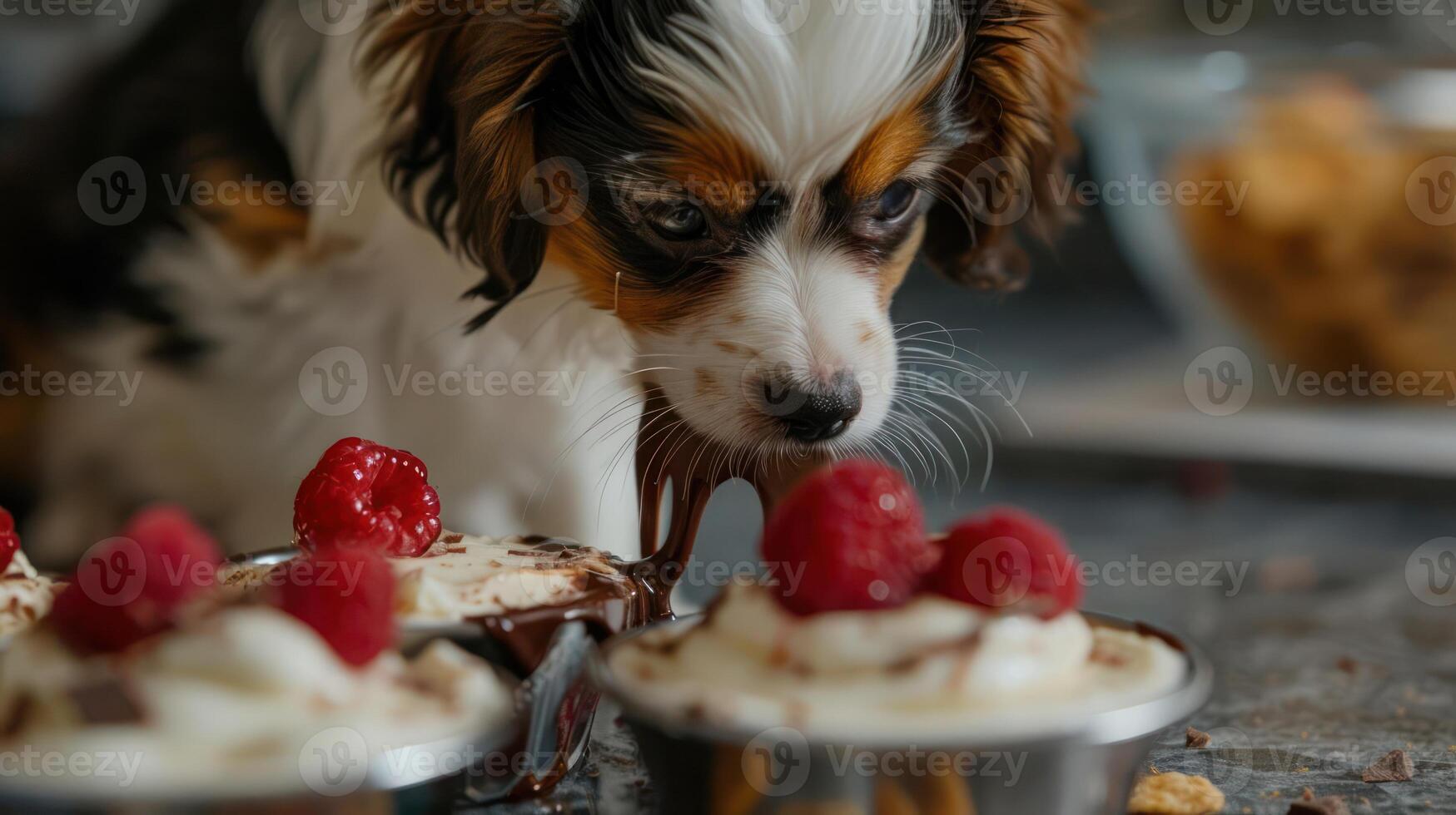 A curious puppy enjoying a dessert topped with raspberries in a cozy kitchen setting photo
