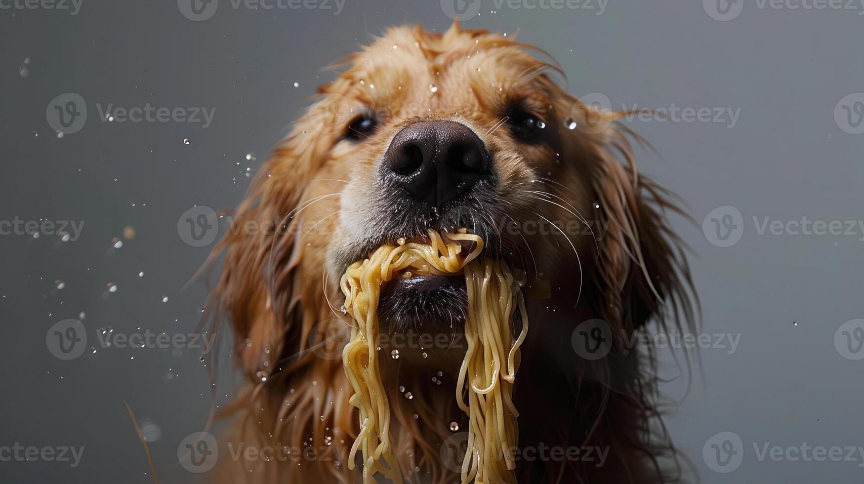 Golden retriever playfully enjoying noodles with water droplets in a grey background setting photo