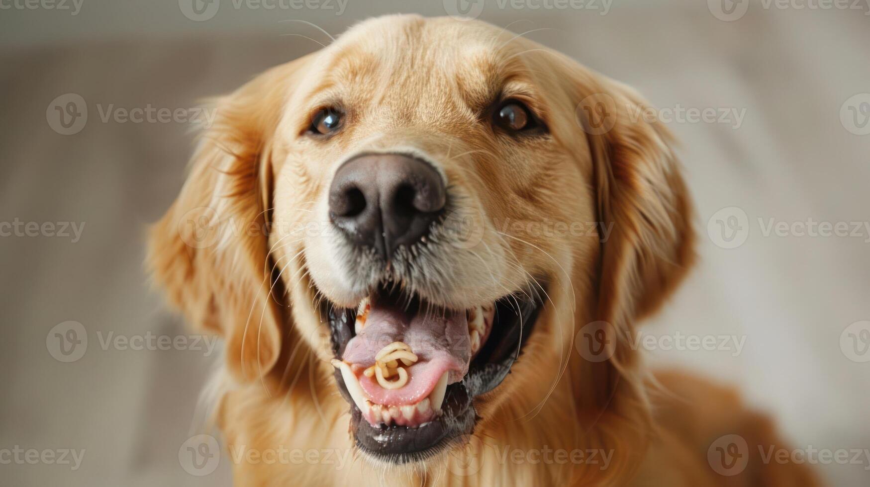 Happy golden retriever dog with a playful expression, indoors, showcasing a warm and joyful atmosphere photo
