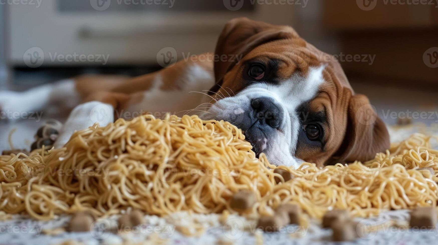 Playful dog surrounded by a mess of noodles and food on the kitchen floor, creating a humorous scene photo