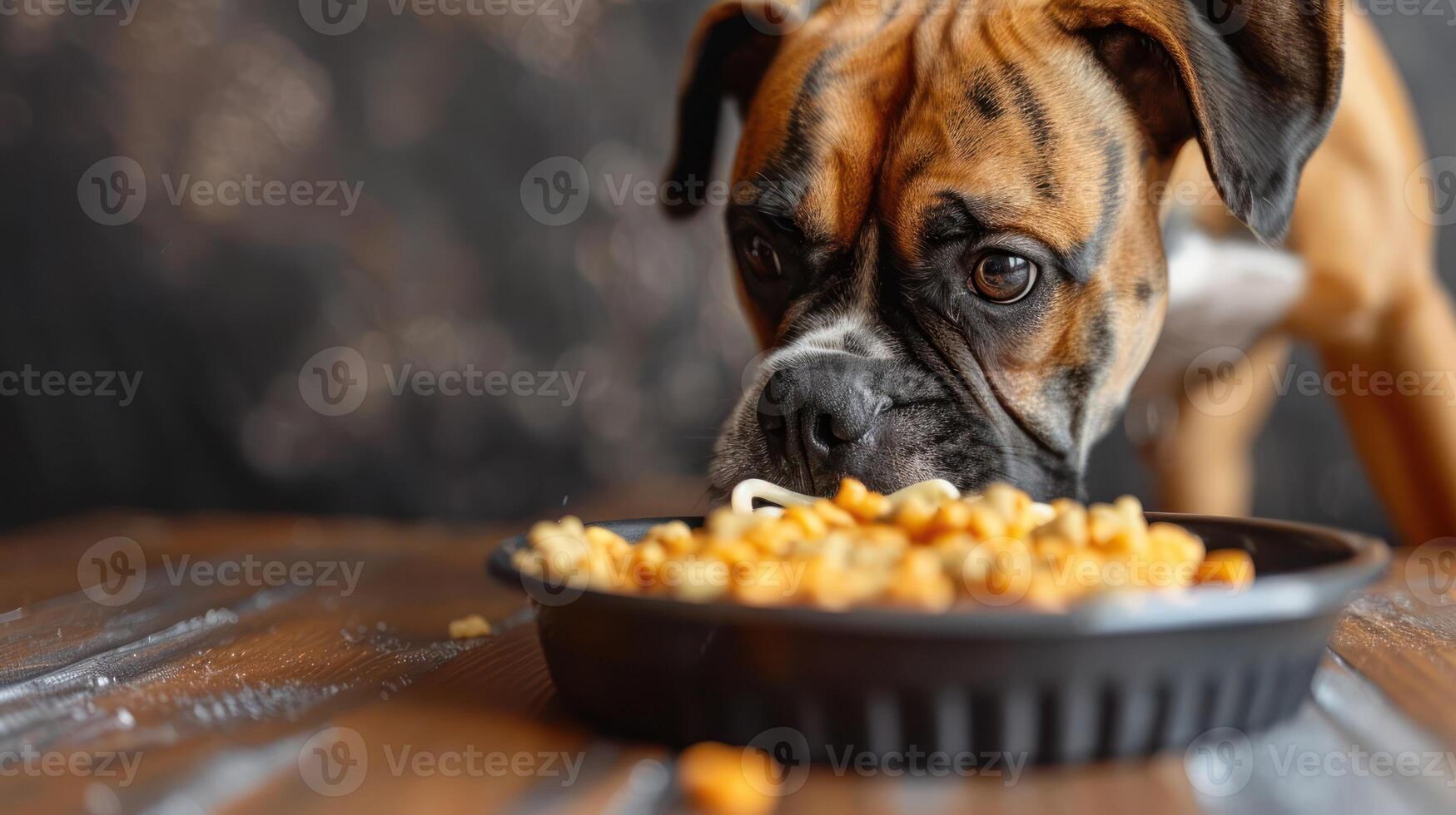 A curious dog eagerly sniffs a bowl of colorful pet food on a rustic wooden surface photo