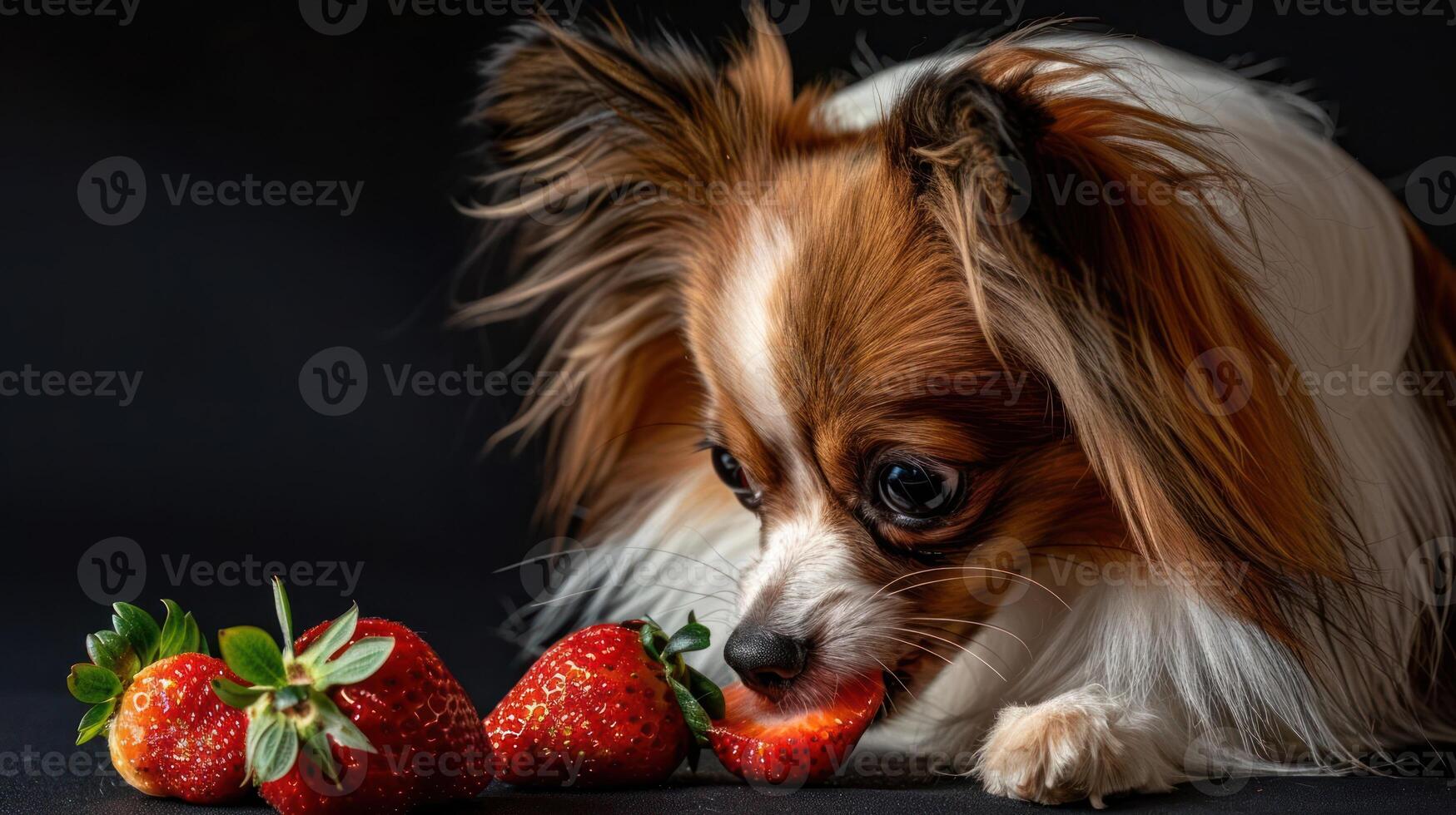 A small dog curiously enjoys fresh strawberries on a dark background, creating a playful scene photo