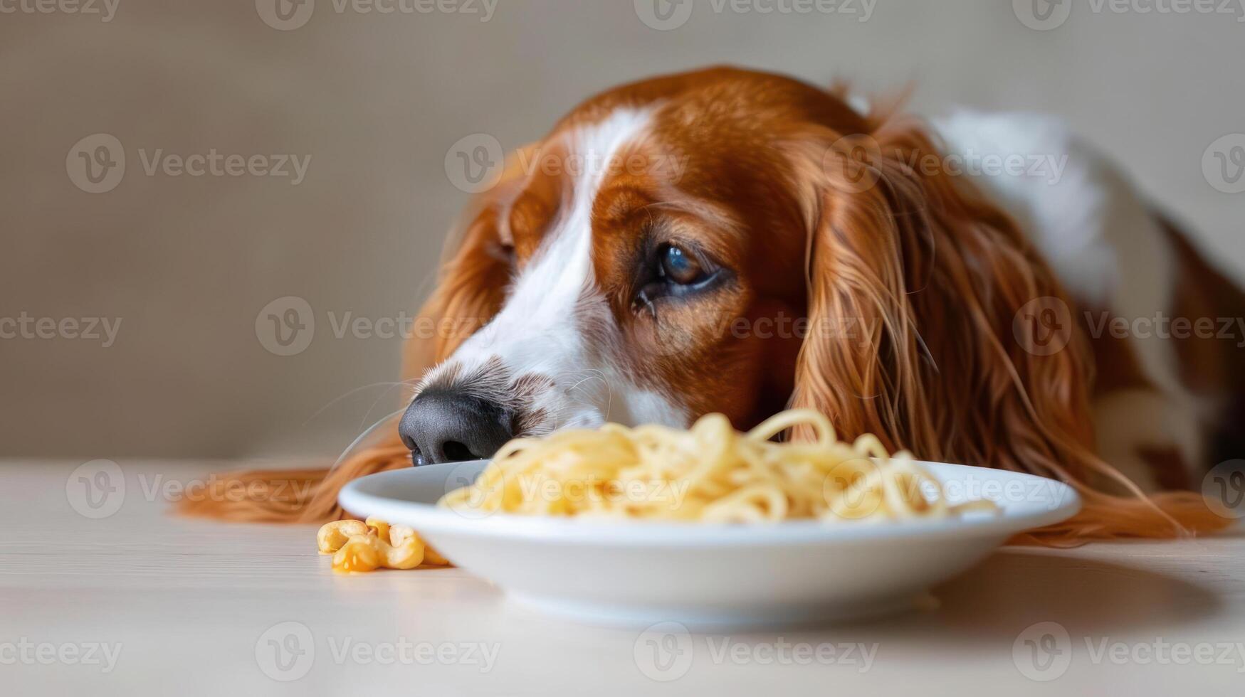 A curious dog gazes longingly at a plate of spaghetti on a wooden table, with a soft background photo