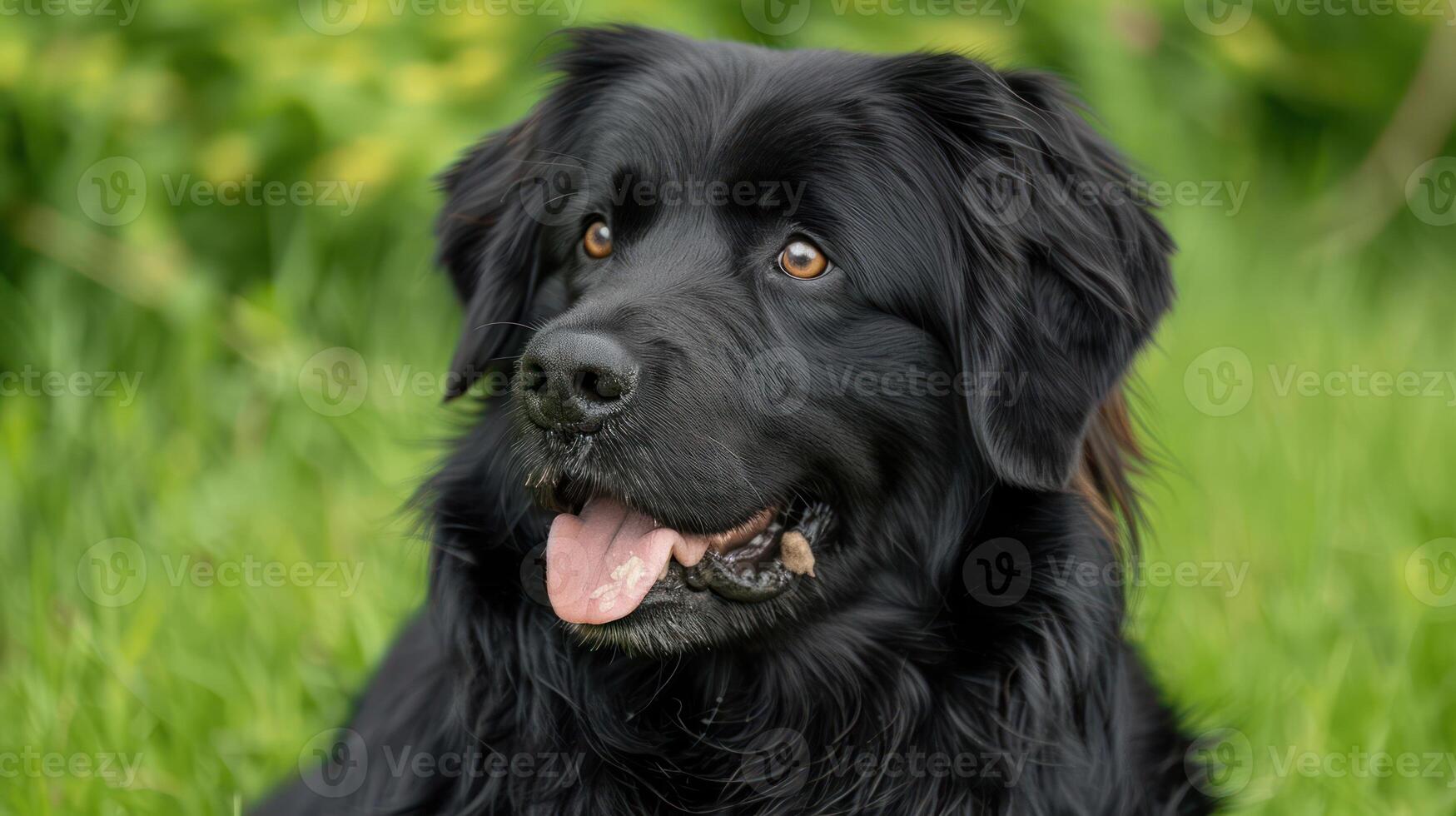 A close-up of a black dog with a joyful expression in a lush green garden setting photo
