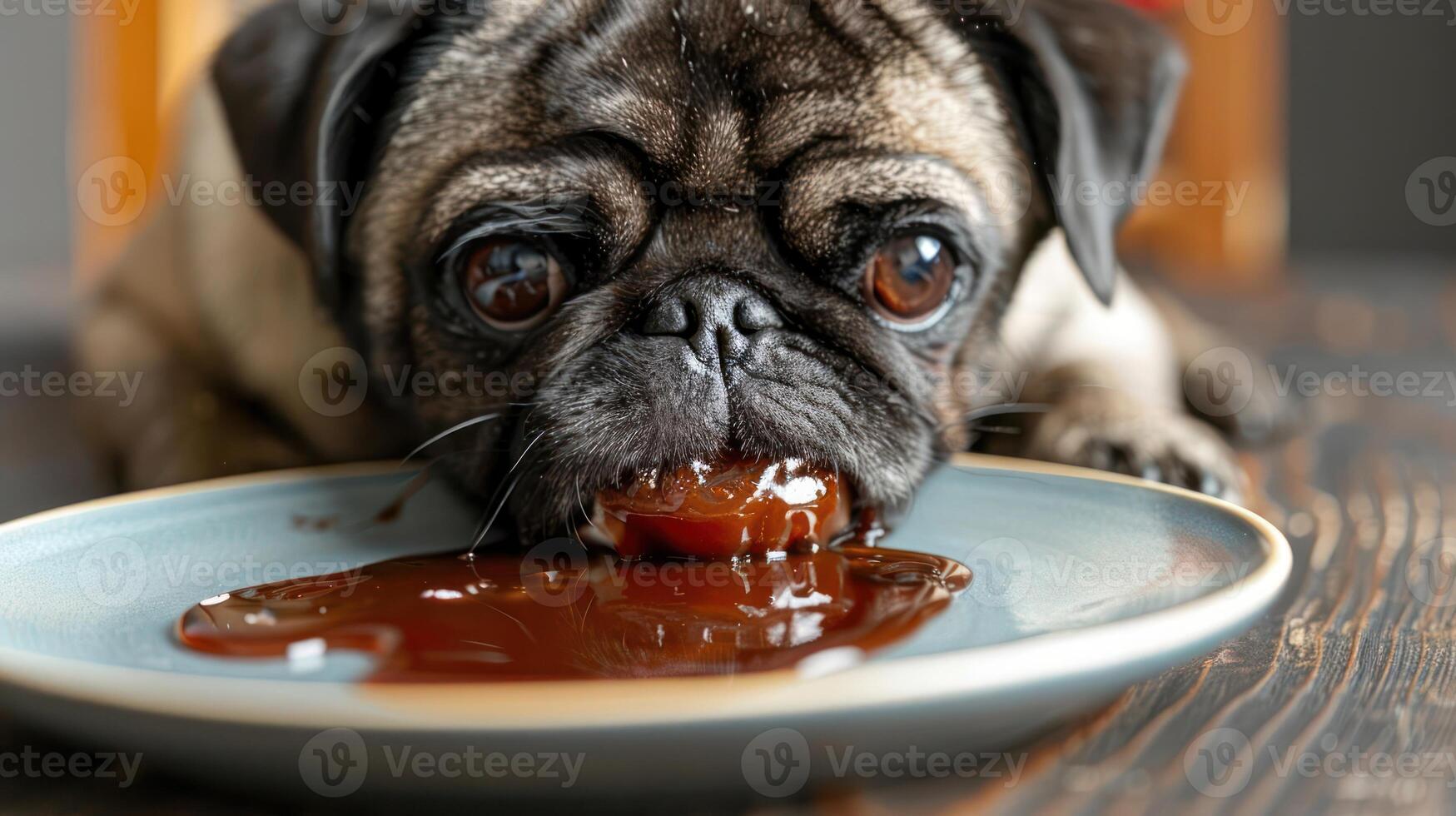Close-up of a pug dog eagerly licking chocolate sauce from a plate on a wooden table photo