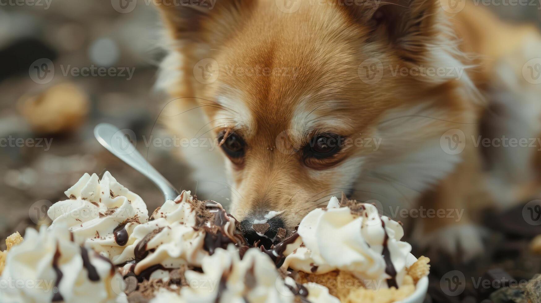 A curious dog intently sniffing a large bowl of ice cream topped with whipped cream and chocolate photo
