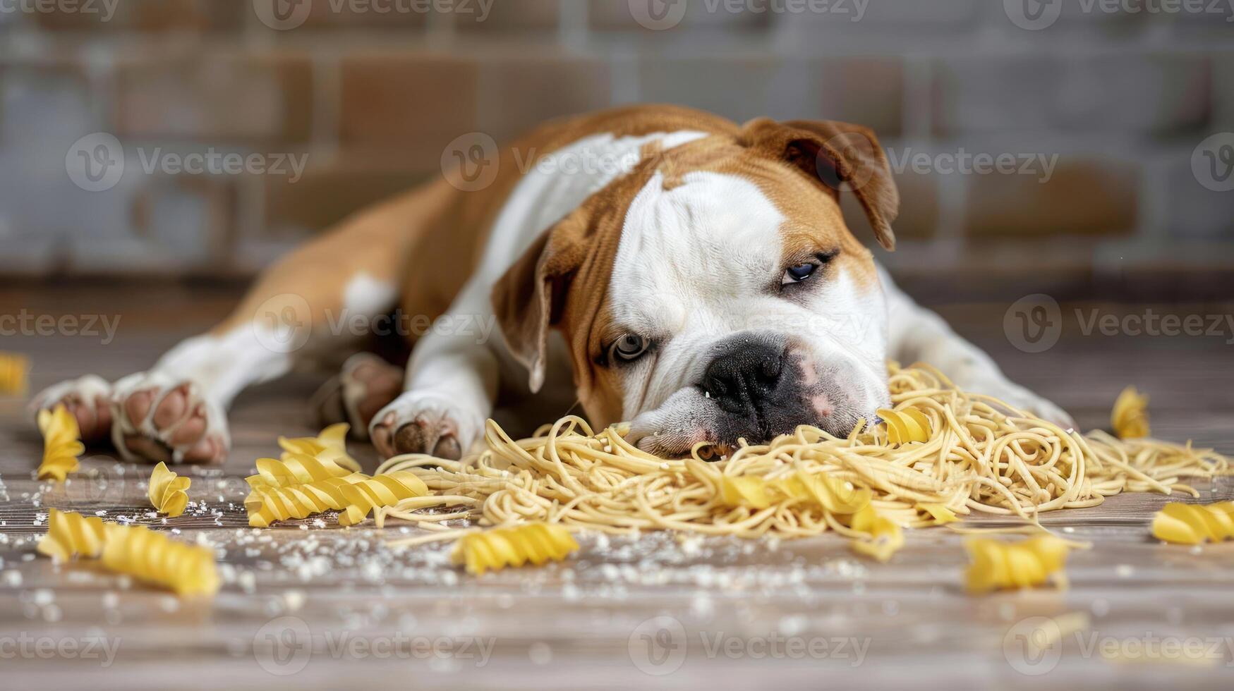 Bulldog lying on a wooden floor surrounded by scattered pasta, creating a playful and humorous scene photo