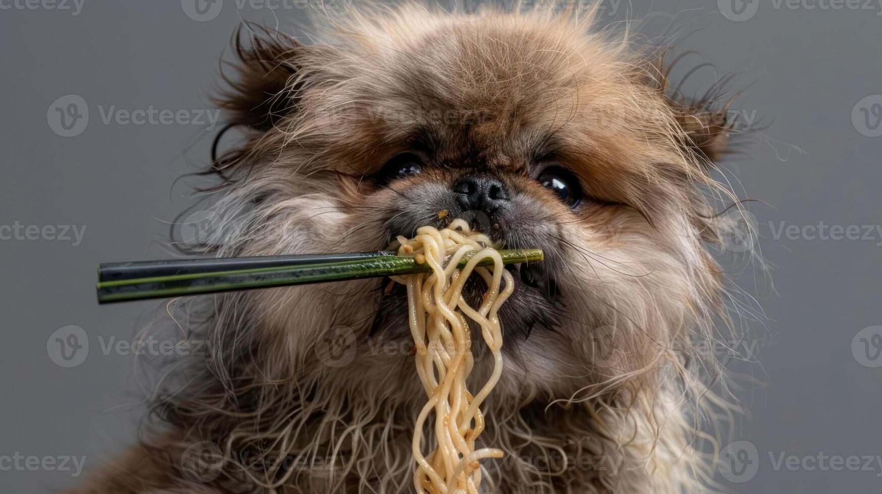 A fluffy dog playfully eating noodles with chopsticks against a neutral backdrop, showcasing a whimsical moment photo