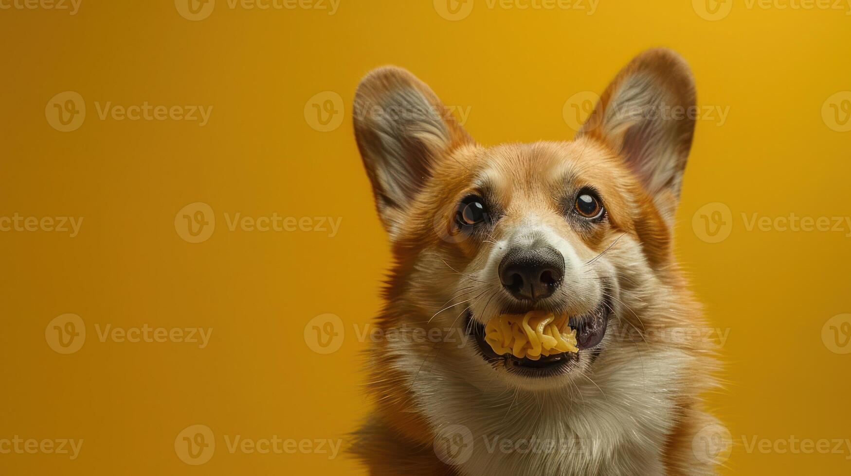 Playful corgi dog holding a toy in its mouth against a vibrant yellow background photo