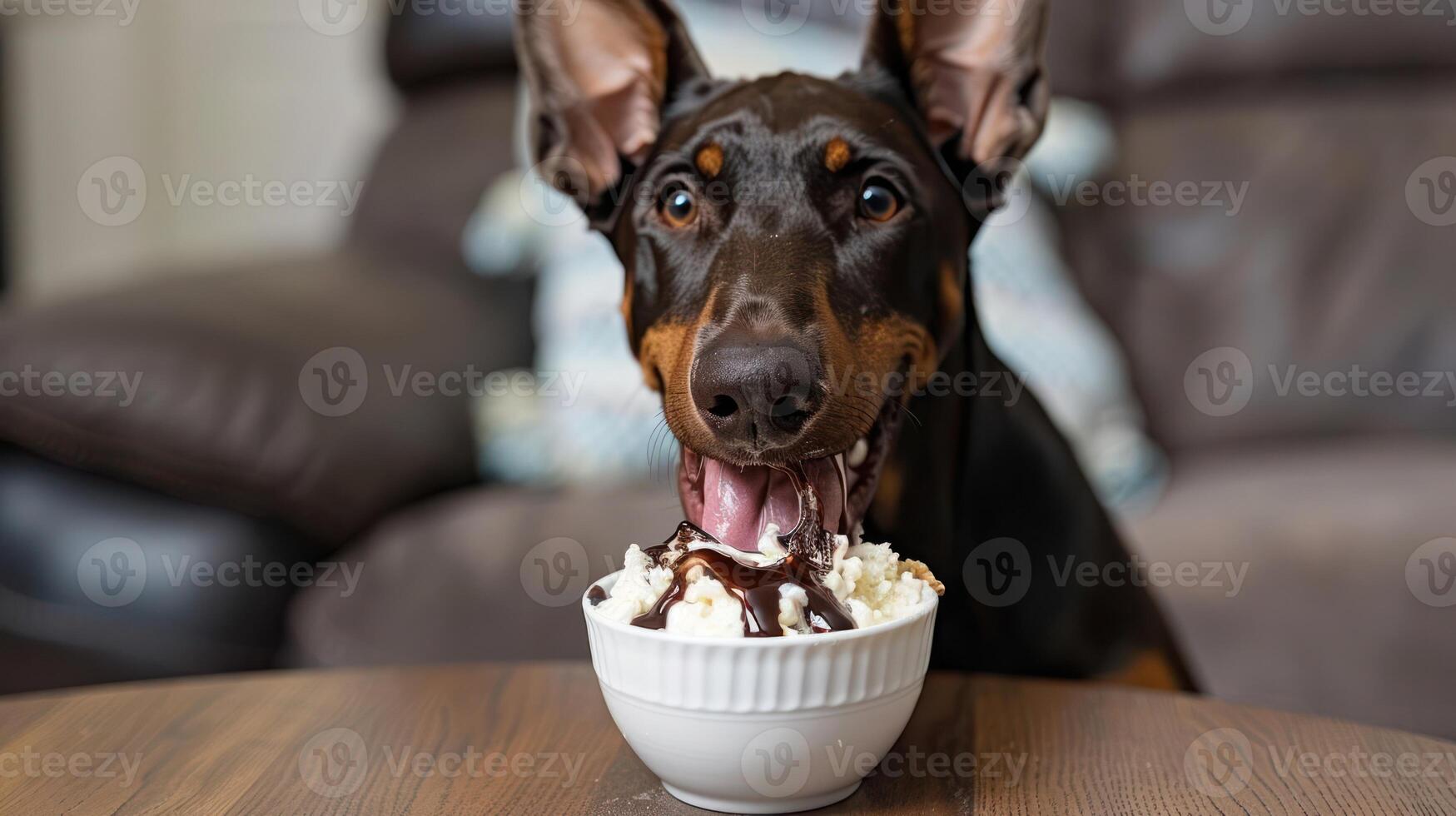 Playful Doberman enjoying a bowl of ice cream on a cozy living room table with a couch in the background photo