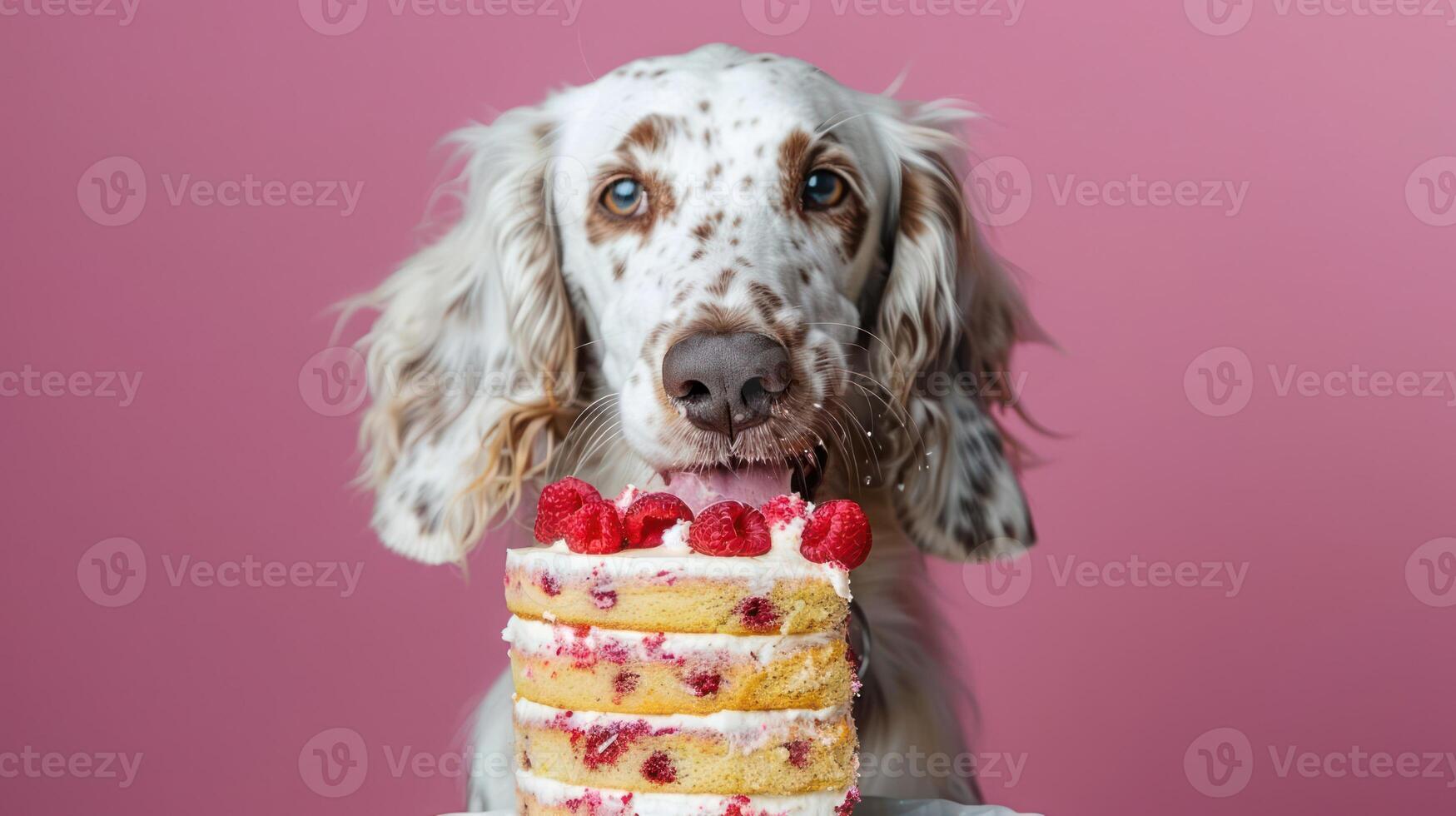 A playful dog joyfully enjoying a colorful cake with raspberries against a pink background photo