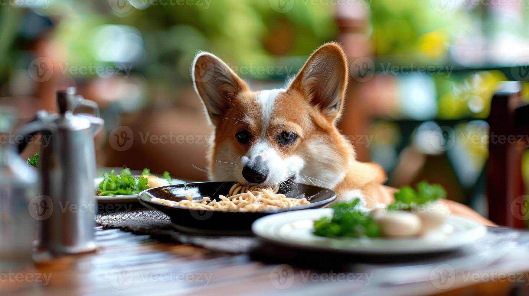 A corgi curiously observes a plate of noodles on a rustic table surrounded by greenery photo
