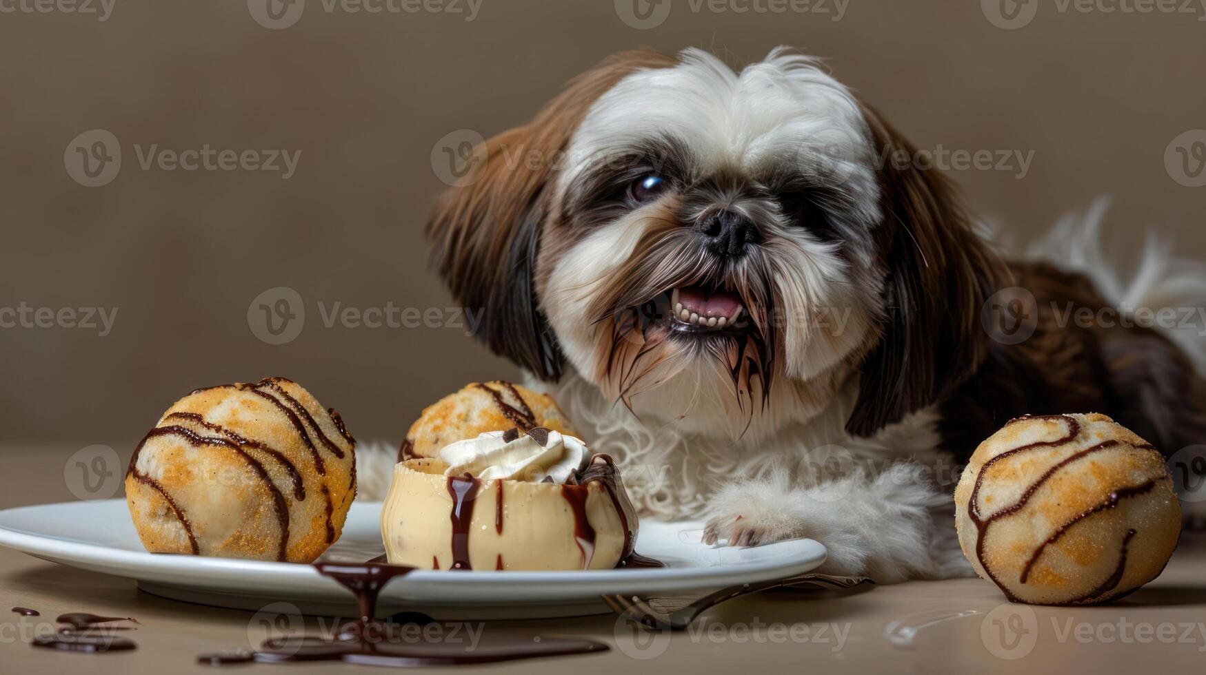 Playful dog enjoying dessert with chocolate sauce on its face in a cozy indoor setting photo