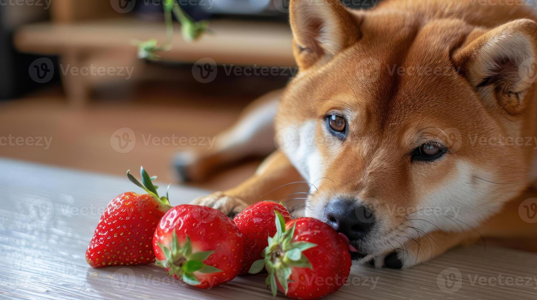 A Shiba Inu dog curiously examines fresh strawberries on a wooden surface in a cozy indoor setting photo