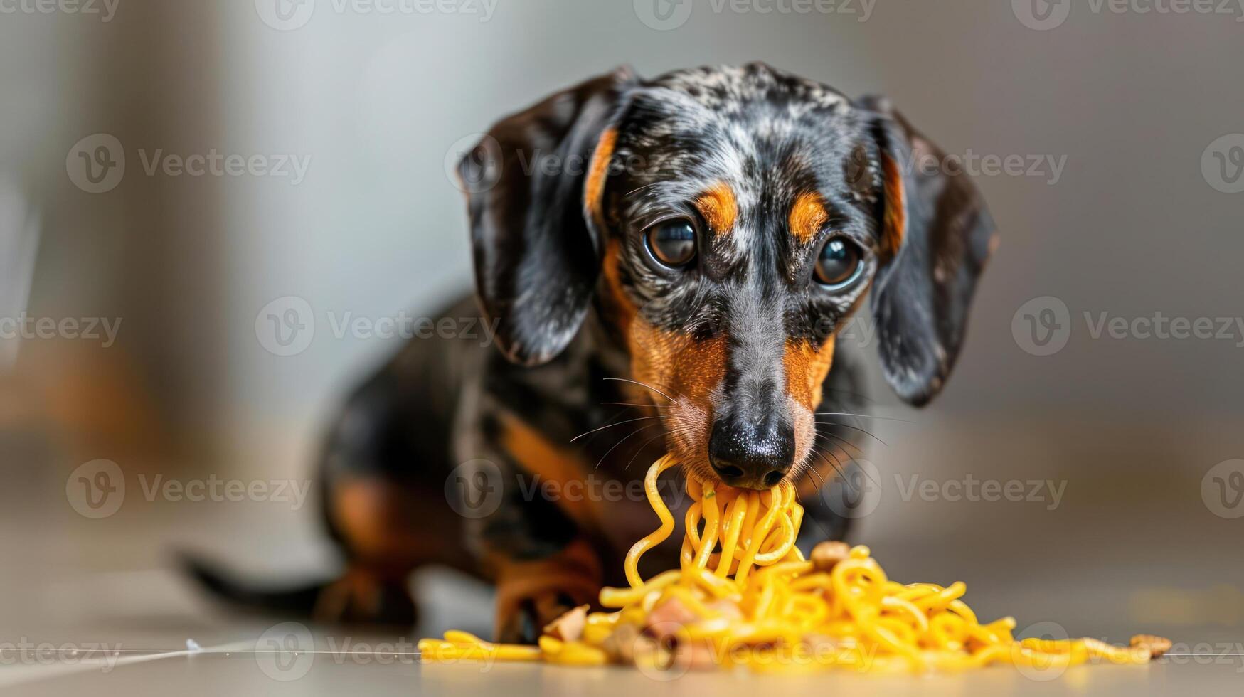 Playful dachshund enjoying a messy meal of noodles on a kitchen floor with a lively atmosphere photo