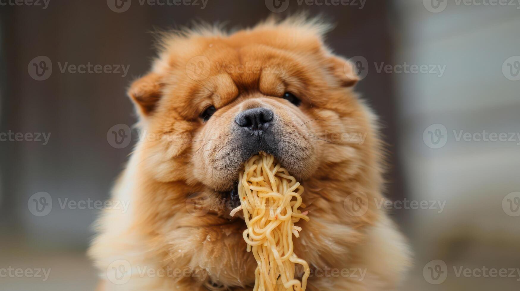 A fluffy dog with noodles in its mouth, sitting outdoors with a blurred background photo