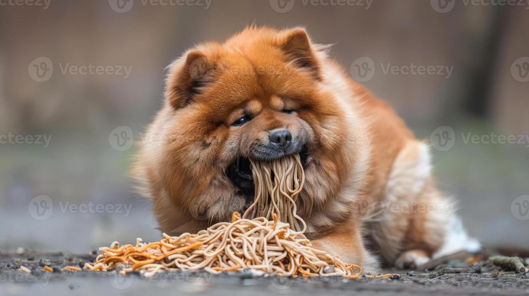 A fluffy dog enjoying a playful meal of spaghetti outdoors, surrounded by a blurred natural background photo