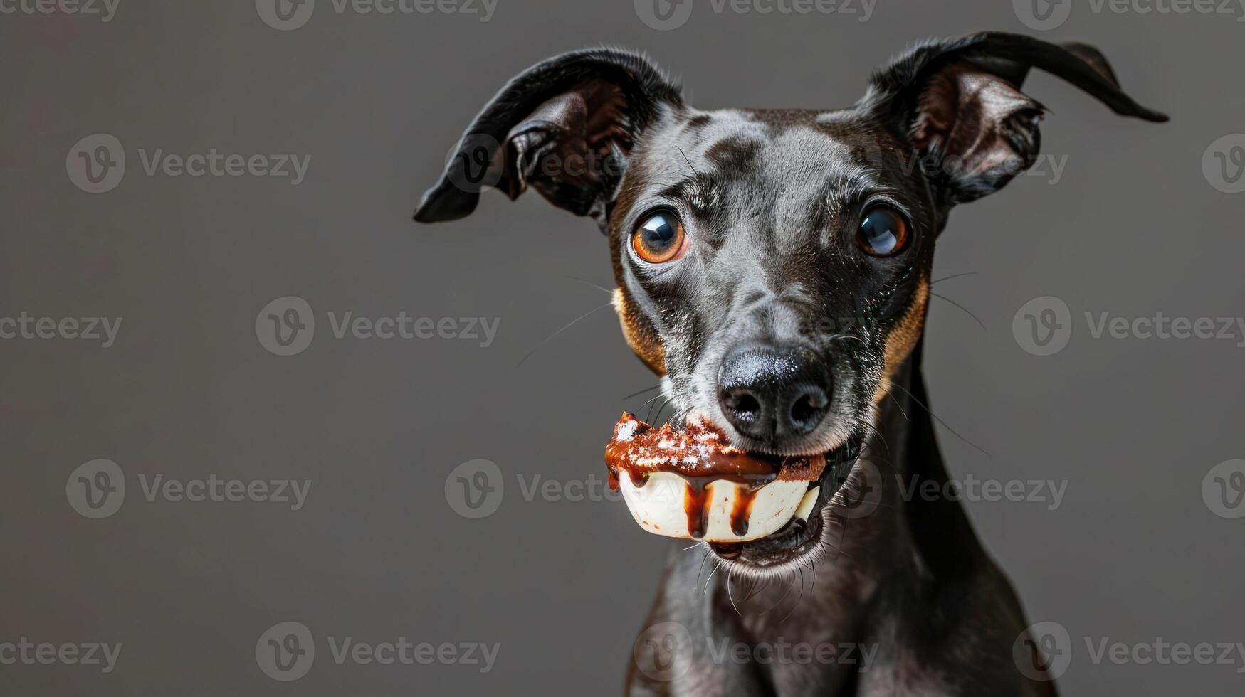 Playful dog holding a toy in its mouth, set against a neutral background, showcasing joy photo