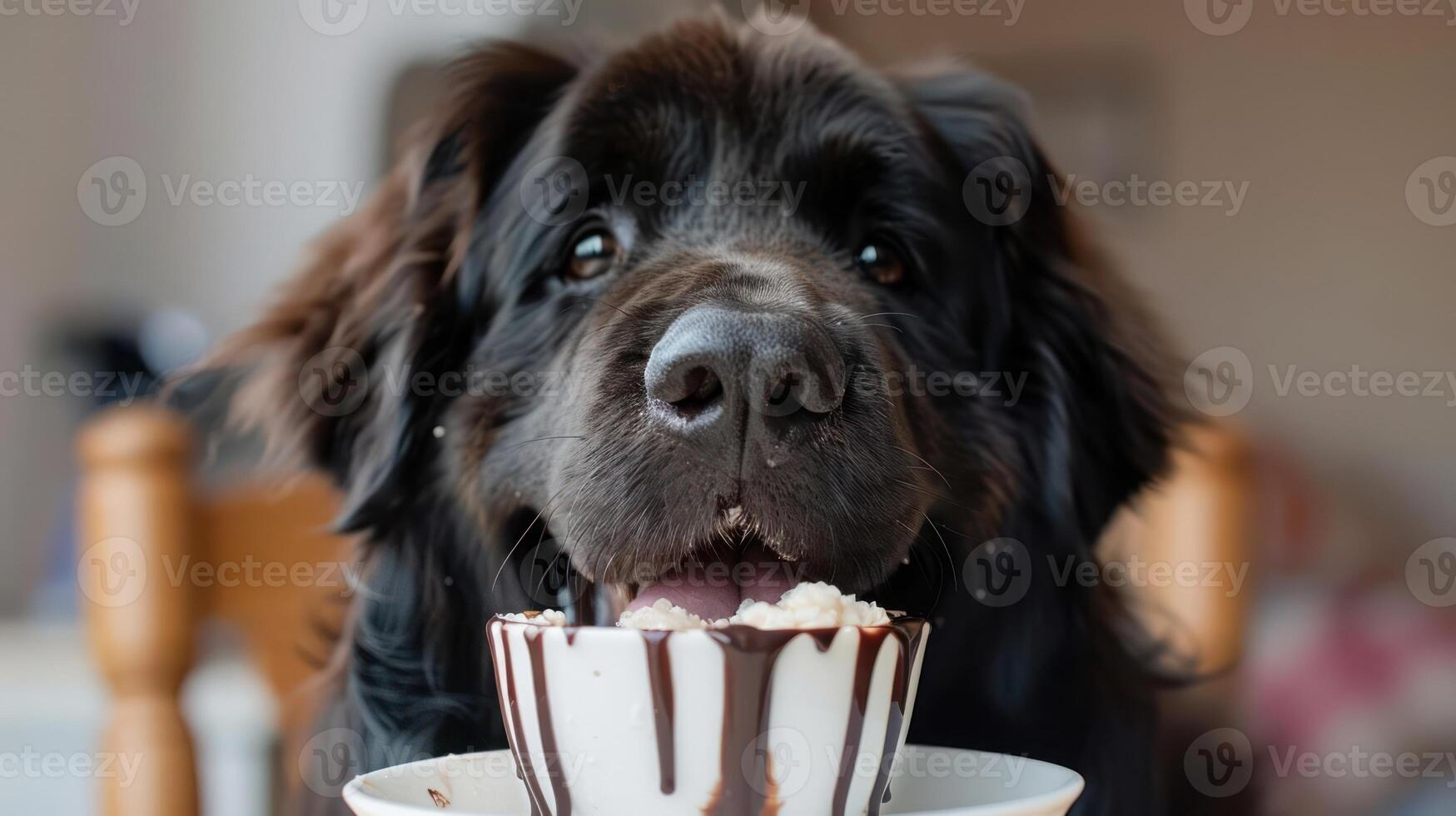 A playful dog enjoying a delicious dessert in a cozy indoor setting with soft lighting photo