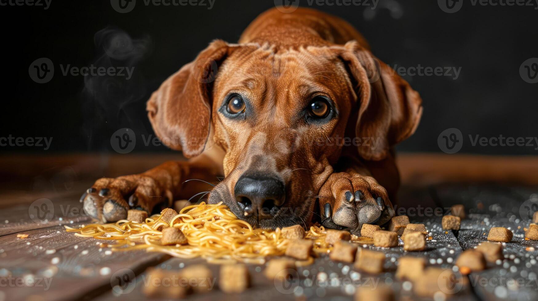 A hungry dog curiously gazes at a pile of spaghetti and kibble scattered on a wooden floor photo