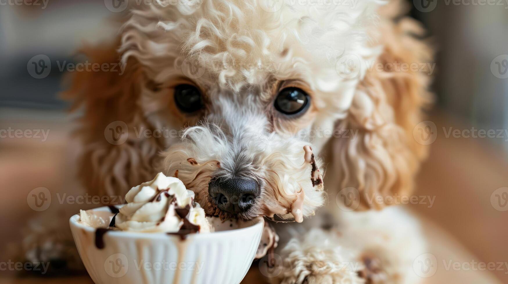 Adorable dog enjoying a bowl of ice cream indoors, with a cozy kitchen background photo
