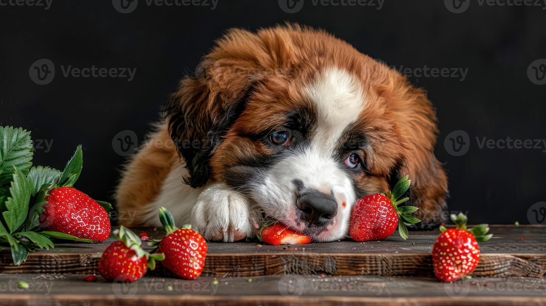 Adorable puppy resting on wooden table, playfully nibbling strawberries with dark background photo