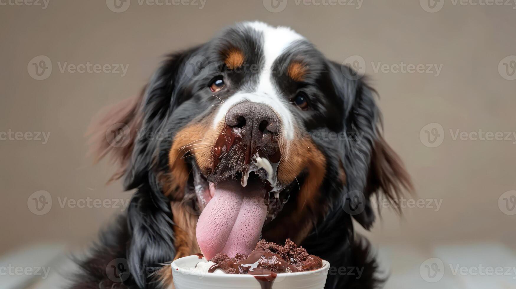 Happy dog enjoying a bowl of chocolate ice cream in a cozy indoor setting with blurred background photo