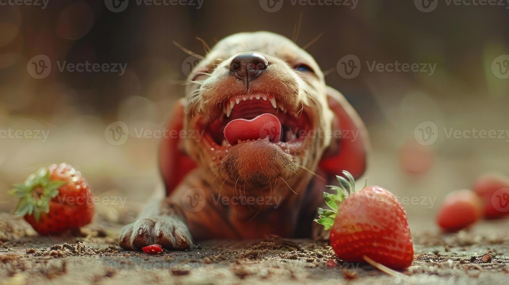 Happy puppy lying on the ground surrounded by fresh strawberries in a sunny outdoor setting photo