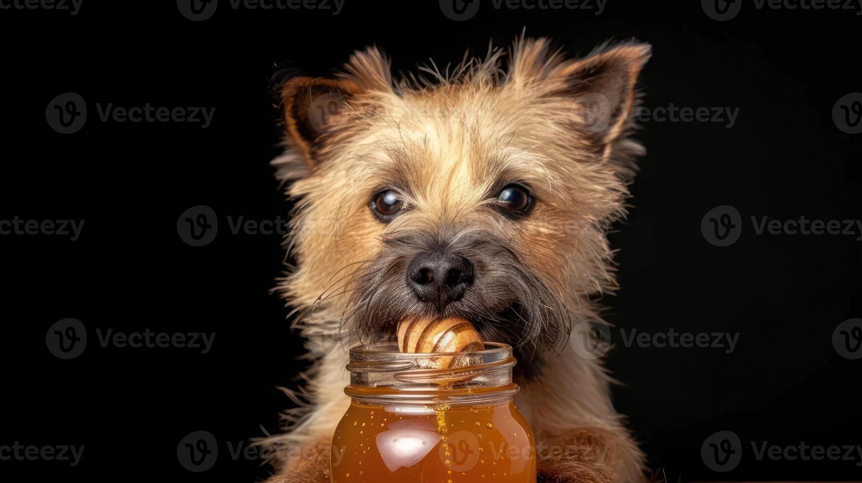 A playful dog enjoying a jar of honey, set against a dark background, with a joyful expression photo