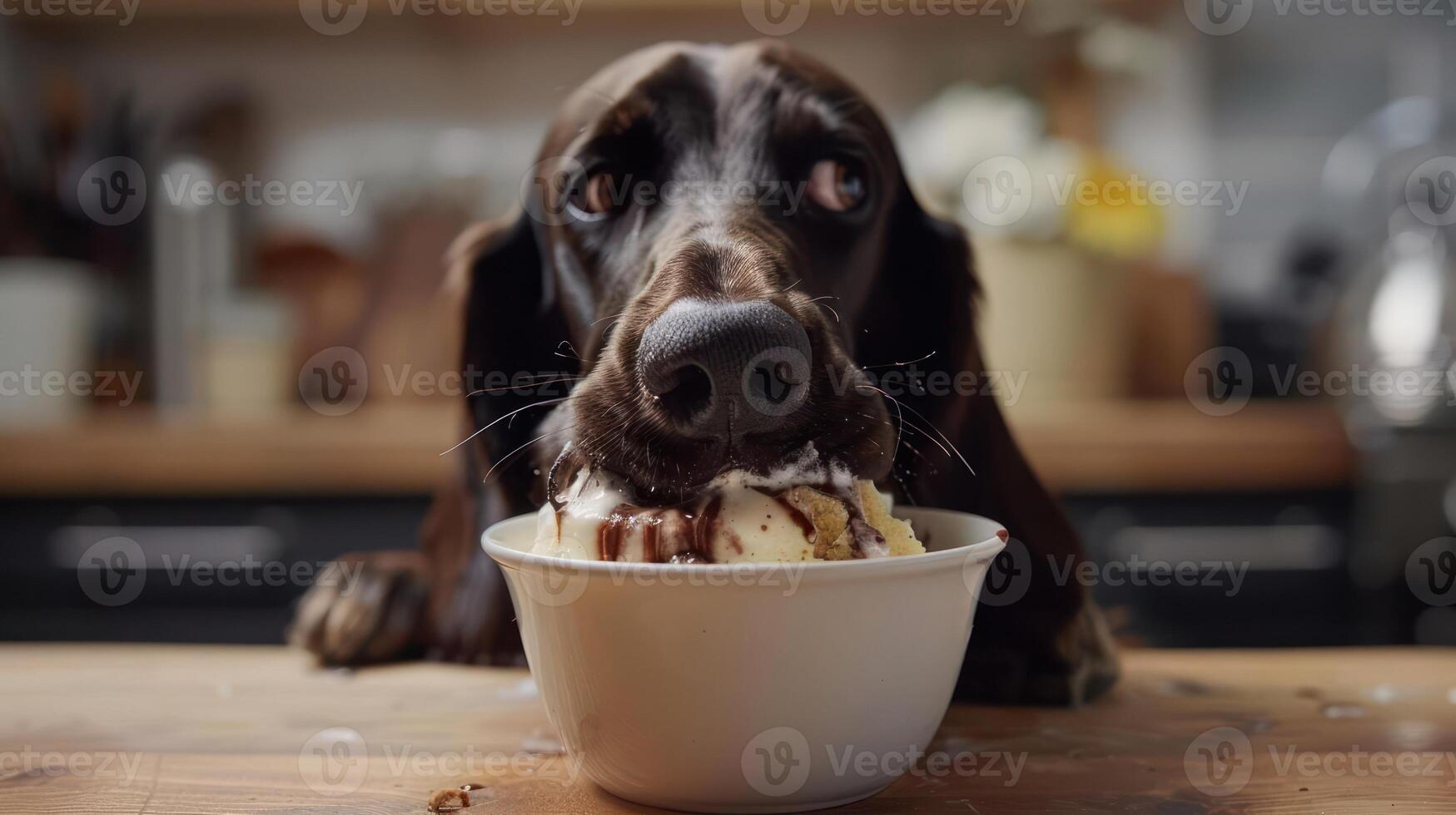 Playful dog enjoying a bowl of ice cream in a cozy kitchen with soft background details photo