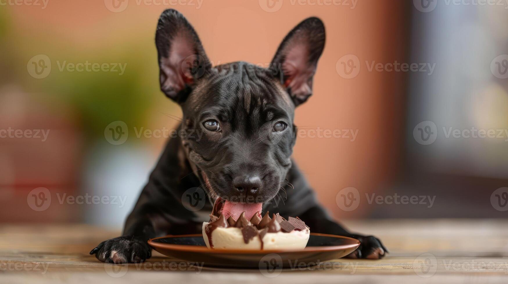 Playful puppy enjoying a chocolate donut on a wooden table with a blurred background photo