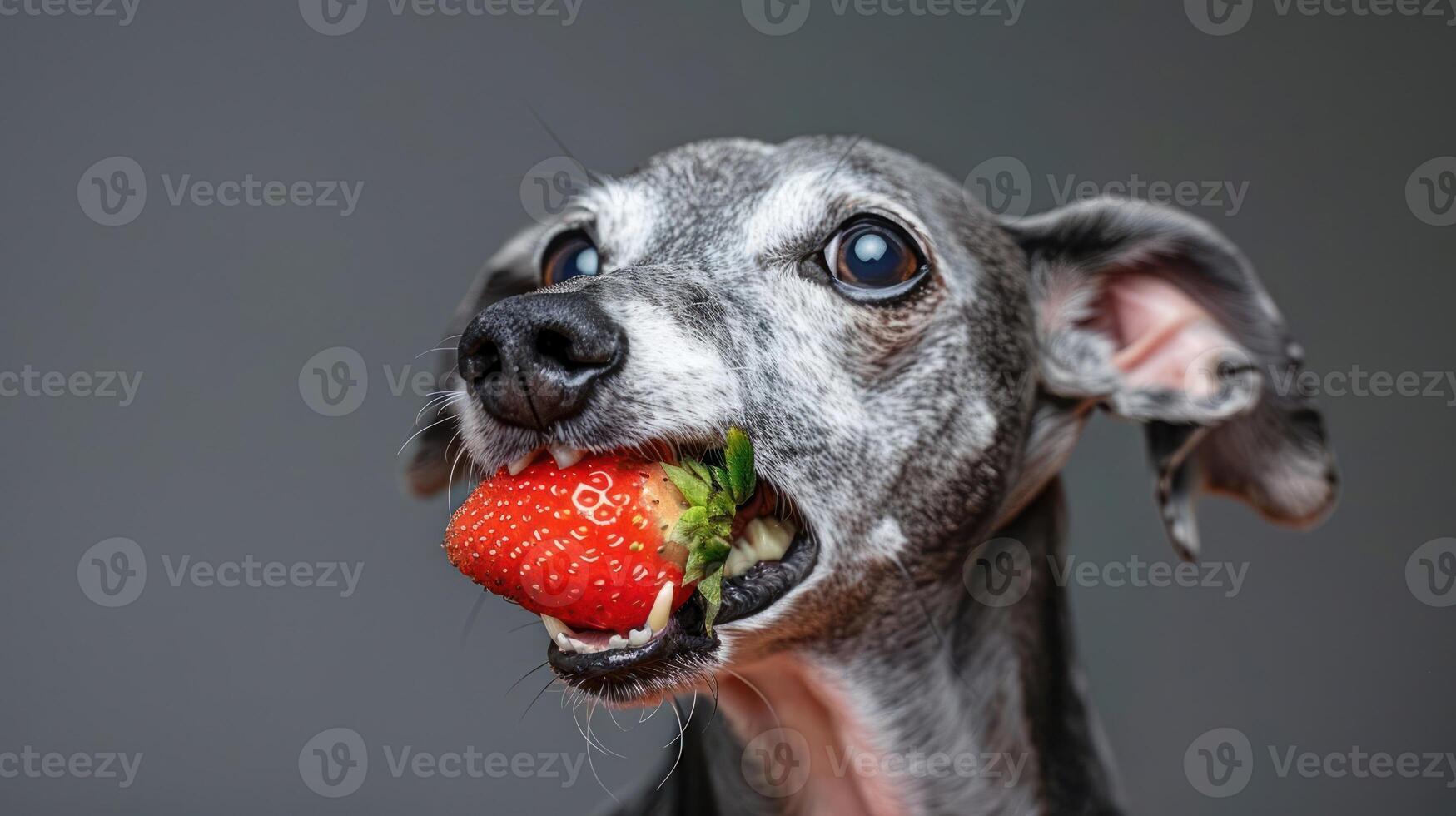 A playful greyhound joyfully holding a fresh strawberry in its mouth against a neutral backdrop photo